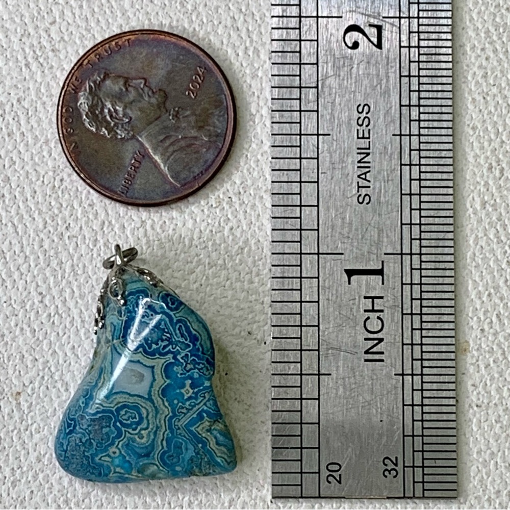 Vintage Blue Crazy Lace Agate Pendant Natural Stone Silver Tone Filigree Cap .9" - Picture 9 of 10